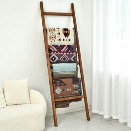 FUIN 6.4ft Extra Wide Wooden Blanket Ladder Living Room Decorative Wal Leaning Farmhouse Quilt Display Holder Rustic Wood Towel Rack for Bathroom, Brown, 24 inch Wide