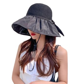 [Micolora] 麦わら帽子 レディース 日焼け防止 帽子 折りたたみ uvカット ワンサイズ (JP, アルファベット, M, ブラック)