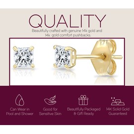 Solid 14k Yellow Gold Square Solitaire Cubic Zirconia Princess-cut Small CZ Stud Earrings (3mm)