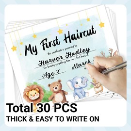 Doodlream 30 My First Haircut Certificates Award Paper for Baby, 9.8" x 7.8" Blank Haircut Keepsake Certificates Milestone Marker with Cute Animal Lion Giraffe Rabbit Deer for Hair Salon Barbershop