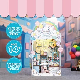 Hands Craft Cinnamoroll Cloud Bakery Book Nook Kit with Cinnamoroll Figurine – Kawaii 3D Puzzle with Touch Activated LED Lights – DIY Wooden Craft Kit for Bedroom or Bookshelf Decor & Gifts