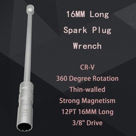 ZKTOOL 16 mm Long Universal Magnetic Rotating Spark Plug Wrench, Thin Wall, 12 Points, 3/8 Inch, CR-V Spark Plug Socket, Magnetic Tools for Removing Spark Plugs