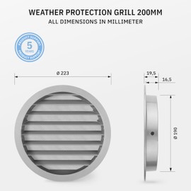 calimaero® WSGG Ventilation Grille 200 mm, Ventilation Grille with Fly Screen, Robust Cast Aluminium, Ventilation Grille for Motorhomes, Garden Sheds, Garage, Supply and Exhaust Air Grille, UV-Stable,