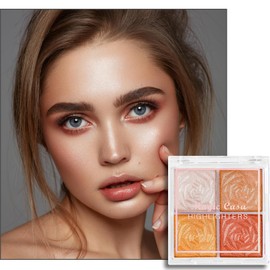 Shimmer Blushers For Cheeks Make Up, 4 Colors Long-Lasting Blush Palette, 3 In 1 Blusher Contouring Highlighting, Natural-Looking Powder Smudge-proof & Sweat-Resistant Blush for Women (02)