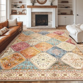 CAPALOCA 8x10 Rugs Moroccan Trellis Area Rugs Thickened Machine Washable Carpet with Non-Slip Backing for Living Room and Dinning Room Orange/Beige/Navy/Rose