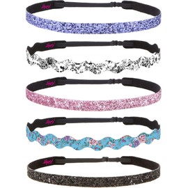 Hipsy Women's Adjustable NO SLIP Wave Country Flower Headbands (Wave Blue/White & Skinny Glitter 5pk)