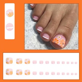 Gifiky French Fake Toe Nails Short Square Press on Toe Nails Daisy Nails Tips Cute Full Cover False Toe Nails Pink for Women and Girls 24Pcs