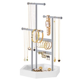 SONGMICS Jewellery Stand, Jewellery Organiser, 3 Tiers and 1 Tray, Jewellery Display Stand with Metal Frame, Earring Bracelet Necklace Holder, for Rings, Dove Grey and Cloud White JJS003G01