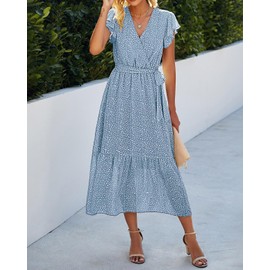 BTFBM Women Summer Bohemian Floral Casual Wrap V Neck Ruffle Cap Sleeveless Belt A-Line Pleated Hem Swing Midi Sun Dress (Light Blue, Medium)