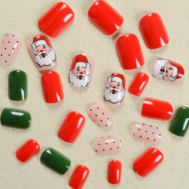 Christmas Press on Nails Short Square Fake Nails Green Red False Nails Christmas Acrylic Nails with Santa Claus Dots Design Full Cover Glue on Nails Cute Artificial Nails Xmas Stick on Nails for Women