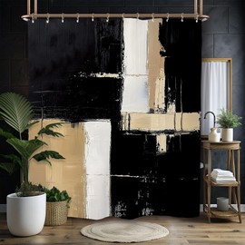 Miyotaa - Juego de cortinas de ducha abstractas de color negro tostado moderno, 60 x 71 pulgadas de alto, pintura contemporánea, minimalista, arte de pinceladas, impermeable, con 12 ganchos