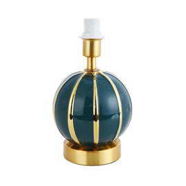 Traditional Classic Dark Teal Gloss Spherical Ceramic Table Lamp with Polished Gold Stripes | 24cm x 14cm | Inline Switch on Clear Cable by Happy Homewares