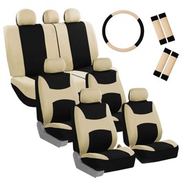 FH Group Automotive Seat Covers Light & Breezy Flat Cloth Three Row Set Beige Combo Steering Wheel Cover & Seat Belt Pads, Airbag and Split Rear Universal Fit Interior Accessories Cars Trucks SUV