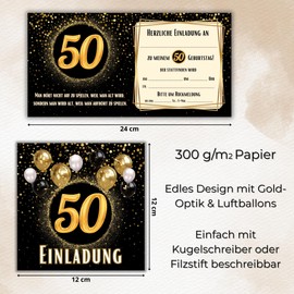 JOCERO 50th Birthday Invitations - Pack of 12 with Envelopes - Square 12 x 12 cm - 50th Birthday Invitations for Men & Women