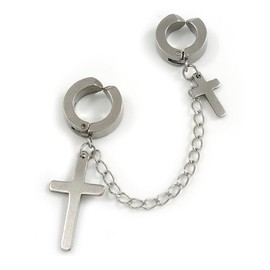 Unisex Non-Pierced Silvertone Double Huggie Hoop Earring/Ear Cuff with Cross Charms and Chain – Bold Single-Side Statement
