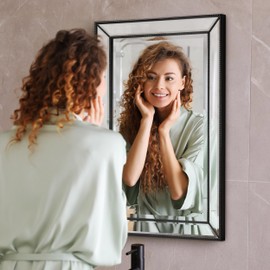 Head West 20'' x 32'' Metro Beveled Edge Mirror with Beaded Glass Frame, Wall Mounted Rectangle Mirror for Bathroom Vanity, Over Sink, Entryway, and Bedroom, Matte Black