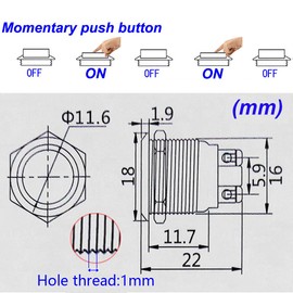 Gebildet 5pcs Momentary Push Button Screw Type terminals Stainless Steel Metal Waterproof Button 16mm 2A 12V/24V/125V/250V with 2 Screw Terminals Stainless Steel (Flat Head)