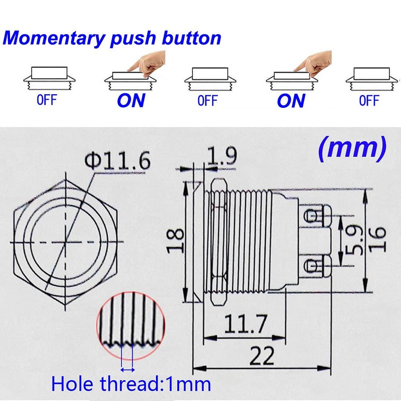 Gebildet 5pcs Momentary Push Button Screw Type terminals Stainless Steel