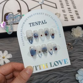 TENPAL Press on Nails 10Pcs with Full Kit - Medium Almond Light Blue White French Fake Nails with Cherry, 3D Charms Bow Rhinestone Summer Nails, Sweet Girls False Nails Cute Design Glue on Nails(M)