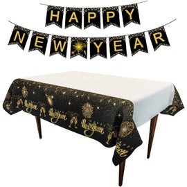 Dusenly Happy New Year Banner Black Gold Glitter 2024 New Year's Eve Party Bunting with Happy New Year Tablecloth Tablecloth for 2024 New Year Party Decoration