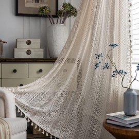 2 Panels Boho Sheer Curtains Rustic Handmade Crochet Vintage Tassel Windows Curtain Hollow Knitted Lace Rod Pocket Curtain Panels for Bedroom Living Room Home Decor,,Crochet Beige ,59 W x 63 L Inch