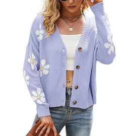 ebossy Womens Ribbed Knit Cardigans Slouchy Cute Smile Graphic Pretty Daisy Button-up Jacquard Knitted Sweater Coat (Small, 02 Purple)