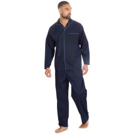 WS-SS24 Mens 2-Piece Pyjamas Long Sleeved Shirt & Long Pants Set Flannel PJ's Nightwear Navy Large