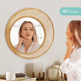 RiteSune Round Wood Mirror, Large Farmhouse Mirrors for Wall, Decorative Wall Mounted Nursery Mirror, Rustic Wall Mirror for Living Room Bedroom Bathroom (28 Inch)