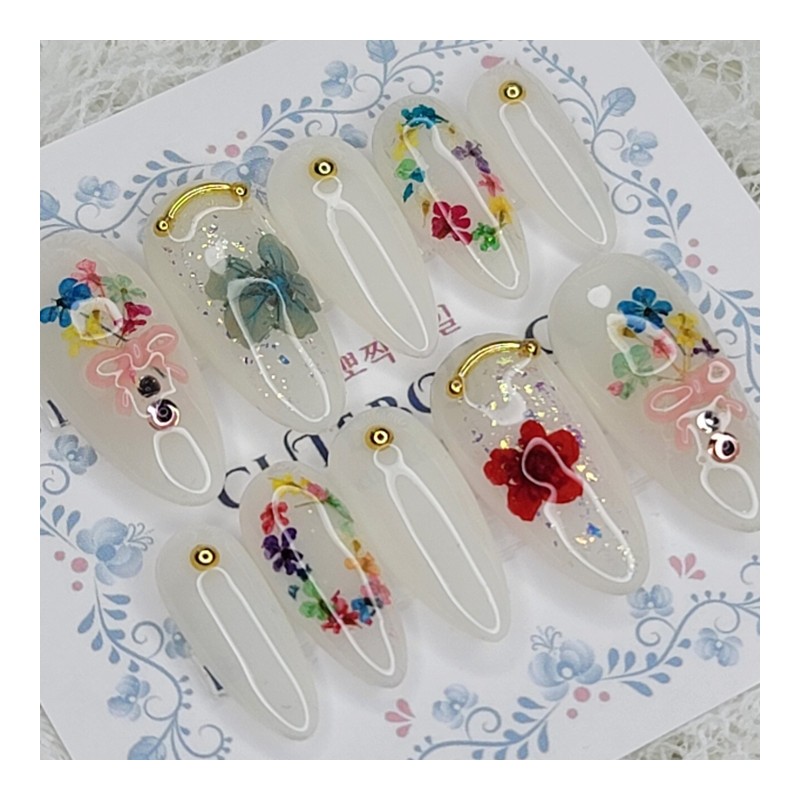 Fresh flower handmade nail tips - Stiletto M / 생화꽃