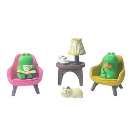 Miniature Frog Set with Sofa, cat, and Desk lamp - Cute Desk Accessories for Office Desk Decor and Home Display, Perfect as Desk Pets or Flower Frog
