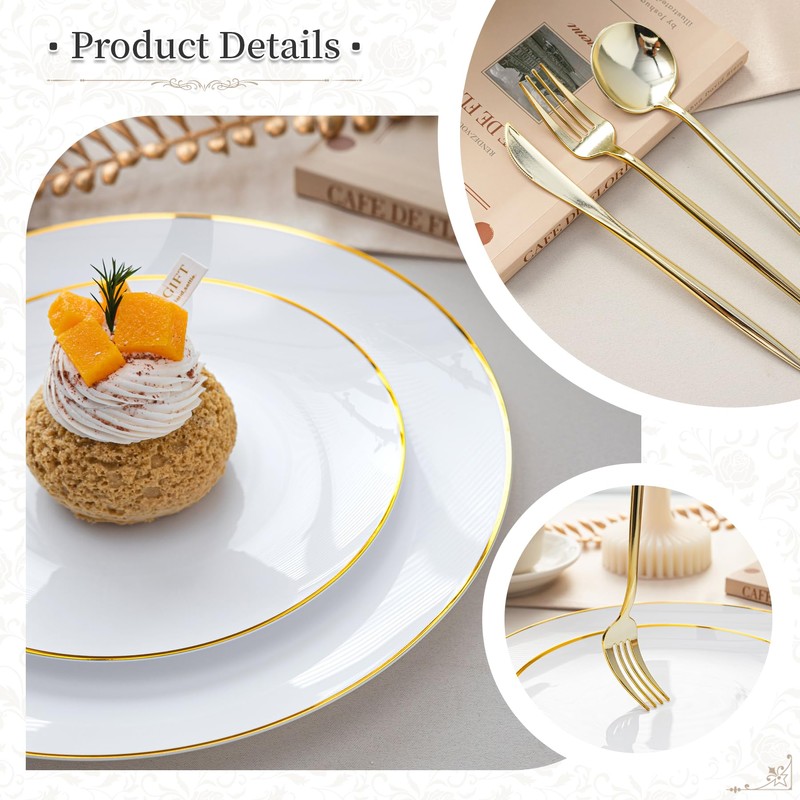 N9R 150PCS White Plastic Plates with Disposable Silverware Set, Gold