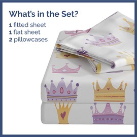 Kids Queen Size Princess Bed Sheets - 4 Piece Kids Princess Sheet Set - Magical Themed Bedding - Soft, Cute & Cozy - Breathable & Machine Washable - Tiara Bed Set for Boys, Girls, Teens and Toddlers