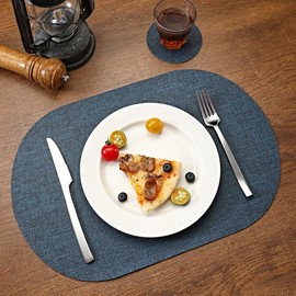 Oval Table Mats Set of 6, Faux Leather Placemats, Heat Resistant & Waterproof(Navy/Grey)