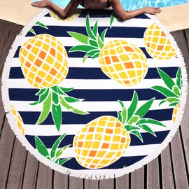 Benefeet Sox Beach Towel Round Tropical Fruit Microfiber Bohemian Boho Round Hawaiian Beach Blanket Oversized Sand Proof Absorbent Circle Swim Towels with Tassels Gifts, 59 Inches Striped Pineapple