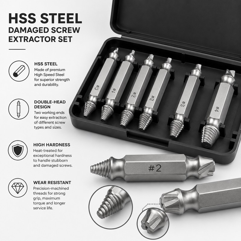 6-Piece Screw Extractor Set for Damaged Fasteners – HSS Double-Ended