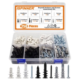 ISPINNER 250pcs Drywall Anchors and Screws Assortment Kit, Nylon and Zinc Self Drilling Wall Anchor for Sheetrock Gypsum - No Pilot Hole Required