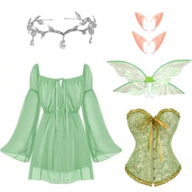 Foaincore 6 Pcs Women Fairy Costumes Set Off Shoulder Short Dress Floral Corset Rhinestone Tiara Elf Ears Wings(M,Green)