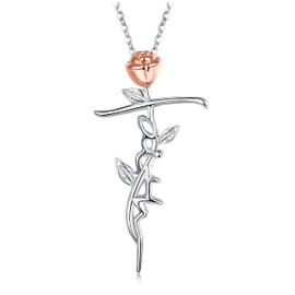 TANGPOET Cross Necklace 925 Sterling Silver Faith Necklace Rose Flower Pendent Valentines Day Jewellery Gifts for Women Ladies Girls