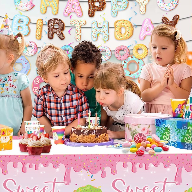 Donut Party Decorations Happy Birthday Banner Garland and Hanging Swirls