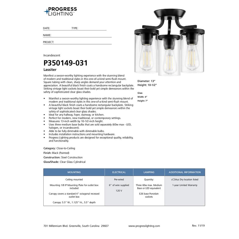 Lassiter Collection Black Three-Light Semi-Flush Mount