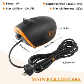 PYPABL Powerful Aquarium Air Pump: Qiuet 2-outlets Aquarium Aerator, Adjustable Fish Tank Air Pump with Accessories, for 60-600L Tank (4W-LED)