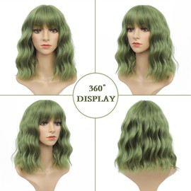 FimTim Short Wavy Bob Wig with Bangs for Women - Green Synthetic Wig for Daily Use
