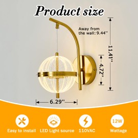 UOFUS Gold Wall Sconce with Globe Acrylic Shade Mid Century Modern Dimmable LED Wall Light Fixture 12W 3000K/4000K/6000K Temperature Adjustable Super Bright Bathroom Vanity Light for Bedroom Hallway