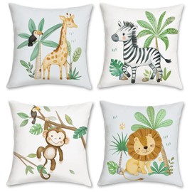 Bonhause Animals Cushion Covers 45 x 45 cm Giraffe Zebra Monkey Lion Green Leaf Decorative Throw Pillow Covers for Sofa Couch Bed Home Garden Nursery Kids Room Decor Set of 4