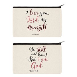 WIRESTER Set Of 2 Canvas Zipper Makeup Bag, Cosmetic Pouch, Organizer Case for Women Girl, Multi-Purpose Travel Cosmetic Bag - Christian Quotes Psalm 18:1, Christian Quotes Psalm 46:10
