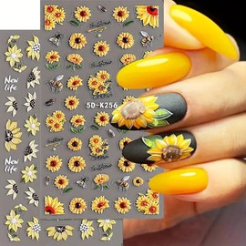 Sunflower Nail Art Stickers Decals 5D Embossed Sunflower Nail Stickers 3D Self Adhesive Nail Art Supplies Sunflower Bee Butterfly Manicure Decal Sliders for Women Spring Summer Nail Art Decorations