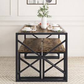 VECELO Kitchen Dining Table Set for 4 to 6, 55" Wood Dinette 2 Benches with Metal Frame for Dinner Breakfast Nook and Small Space, Grey