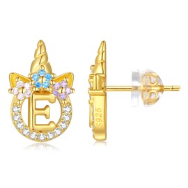 Seraphina Unicorn Sterling Silver Initial E Earrings for Girls Women - Hypoallergenic 14K Gold Plated Letter Unicorn Earrings for Little Girls Kids Unicorn Gifts