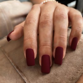 KXAMELIE Medium Coffin Nails - Matt Dark Red, Thick, Reusable Solid Color 24 Natural Fake Nails