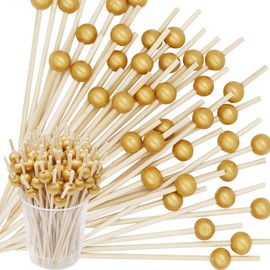 EuTengHao 200Pcs Cocktail Picks 4.7 Inch Bamboo Cocktail Toothpicks, Cocktail Skewers for Appetizers Desserts Drinks Charcuterie, Birthday Wedding Party Fancy Toothpicks with Gold Pearl Food Picks